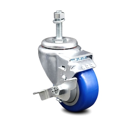 Service Caster 3.5 Inch Blue Polyurethane Swivel 10mm Threaded Stem Caster with Brake SCC SCC-TS20S3514-PPUB-BLUE-TLB-M1015